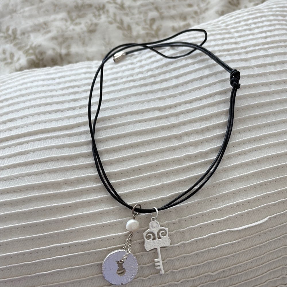 Black Cord Necklace with Silver Key and Disc Charms